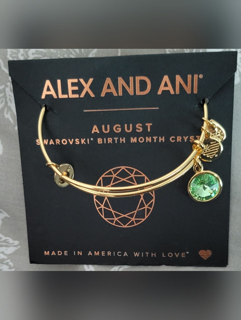 Alex and Ani Gold-Tone Bangle with Green Crystal Charm - August Birthstone Color